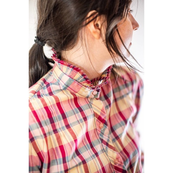 Vintage 70s Cottagecore Prairie Plaid Western Button Down Shirt, High Neck, Med​ - Picture 5 of 9